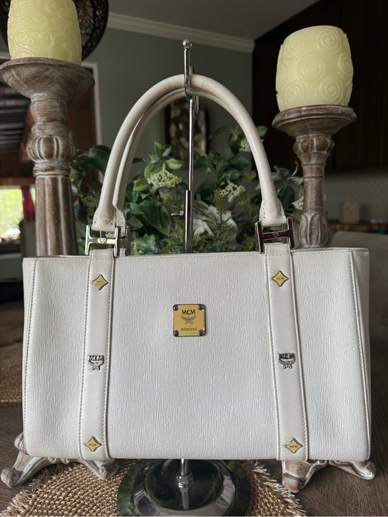MCM Jewelry - MCM White Leather Tote with Gold Plaque Accents in EUC